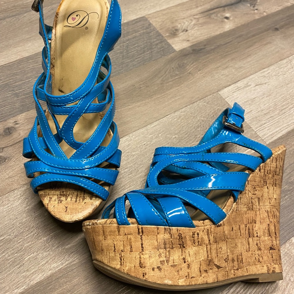 Fun and Sassy Blue Cork Wedges size 7